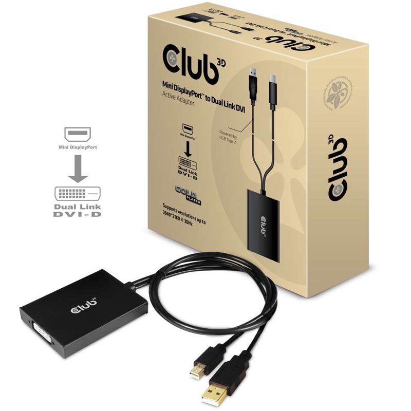 Club 3D MiniDisplayPort 1.2a -> Dual Link DVI-D, aktiivinen adapteri (Poistotuote! Norm. 59,90€)