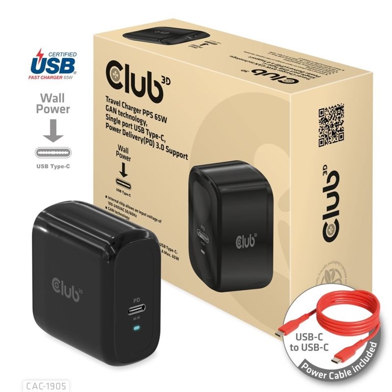 Club 3D 65W GaN-verkkovirtalaturi, USB-C PD3.0, musta