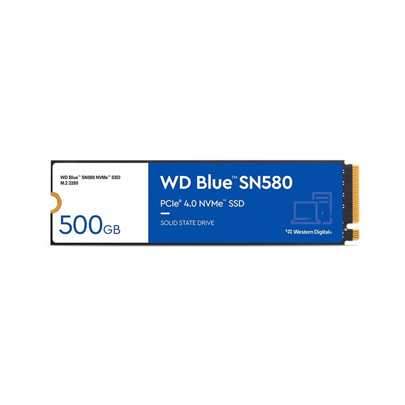 Western Digital 500GB WD Blue SN580 NVMe SSD -levy, M.2 2280, PCIe Gen4 x4, 4000/3600 MB/s
