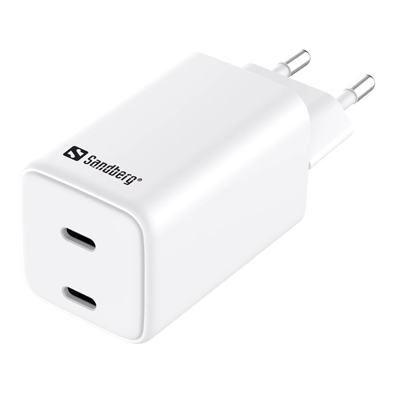 Sandberg 65W GaN-verkkovirtalaturi, 2x USB-C PD3.0, valkoinen