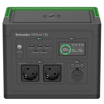 APC OffGrid 738 Wh, kannettava sähköasema, 2x Schuko, 3x USB-A 12+12+18W, USB-C PD 100+18W, musta/vihreä