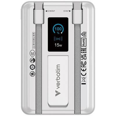 Verbatim 10 000mAh Charge 'n' Go, varavirtalähde telineellä, Magsafe, 2x USB-C PD, hopea