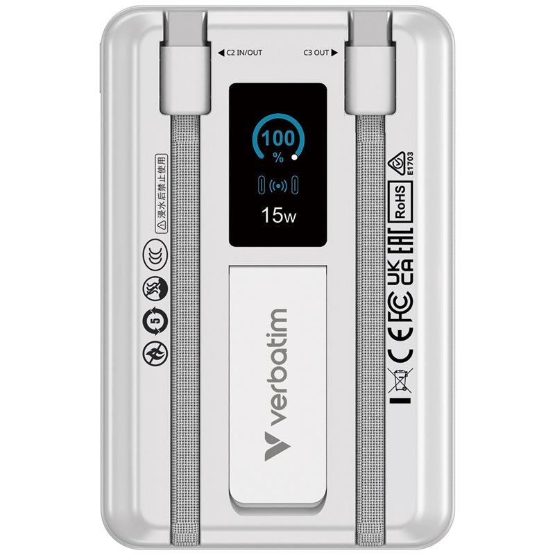 Verbatim 10 000mAh Charge 'n' Go, varavirtalähde telineellä, Magsafe, 2x USB-C PD, hopea