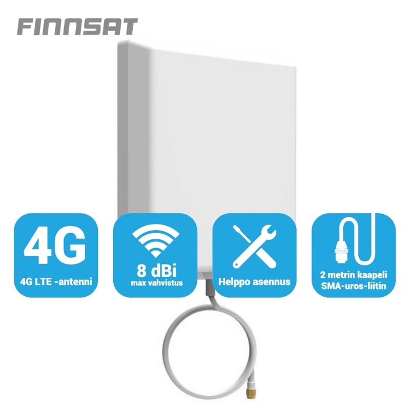 FinnSat 3G/4G/GSM -paneeliantenni, 180 astetta, 2m kaapeli, SMA-uros, valkoinen