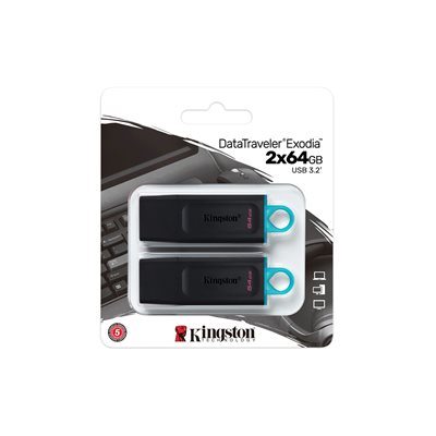 Kingston 64GB DataTraveler Exodia, 3.2 Gen1 USB-A -muistitikku, musta/sininen, 2kpl