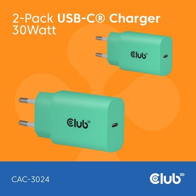 Club 3D 30W GaN-verkkovirtalaturi, USB-C PD3.0, vihreä, 2 kpl