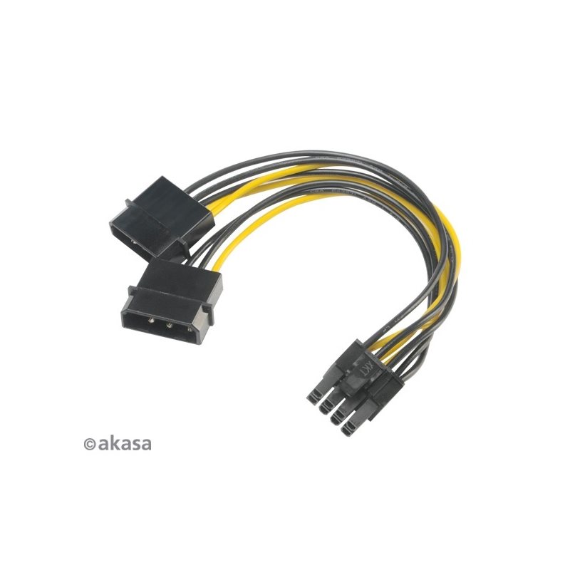 Akasa 2 x 4-pin Molex -> 6+2-pin PCIe -adapterikaapeli, 15cm, musta/keltainen