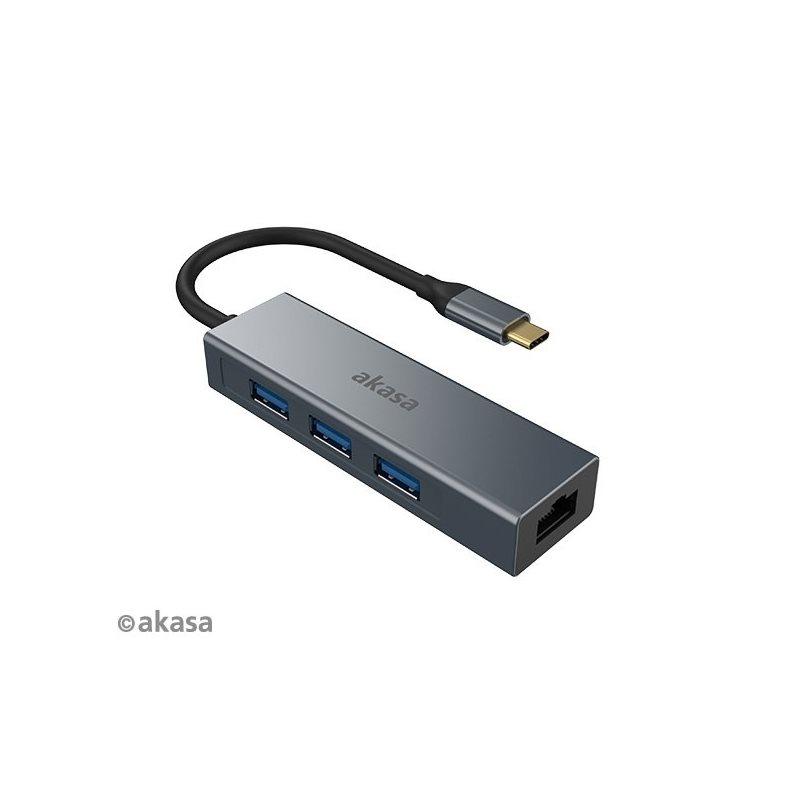 Akasa USB Type-C 4-in-1 -hubi, jossa Ethernet, harmaa/musta