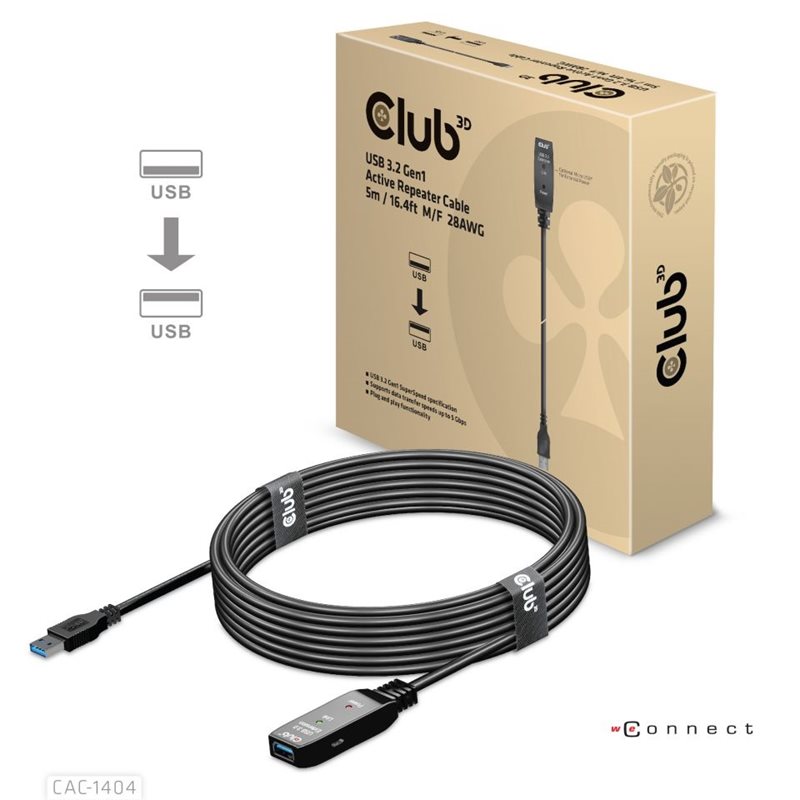 Club 3D 3.2 Gen1 USB-A -jatkokaapeli, aktiivinen, uros-naaras, 5m, musta
