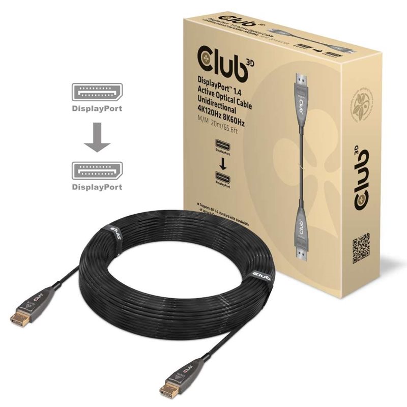 Club 3D DisplayPort 1.4 -näyttökaapeli, aktiviinen, optinen, yksisuuntainen, HBR3, 20m, musta