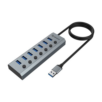Akasa Connect 7 IPS, 7-porttinen 3.2 Gen1 USB-A -hubi, virransyötöllä, kytkimillä, hopea