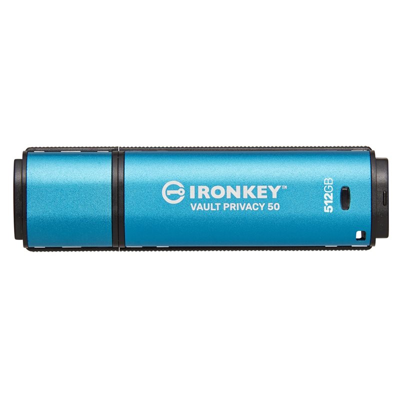 Kingston 512GB IronKey Vault Privacy 50, salauksella varustettu USB 3.2 Gen 1 -muistitikku, sininen/musta