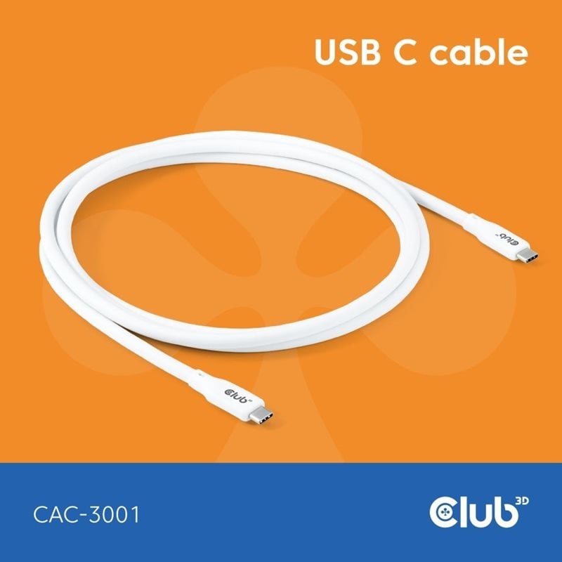 Club 3D USB4-C -kaapeli, PD3.1 240W, 2m, valkoinen