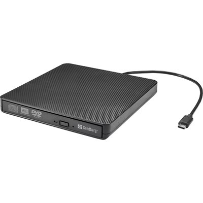 Sandberg USB-C DVD Drive, ulkoinen 8x polttava DVD-asema, USB-C, musta