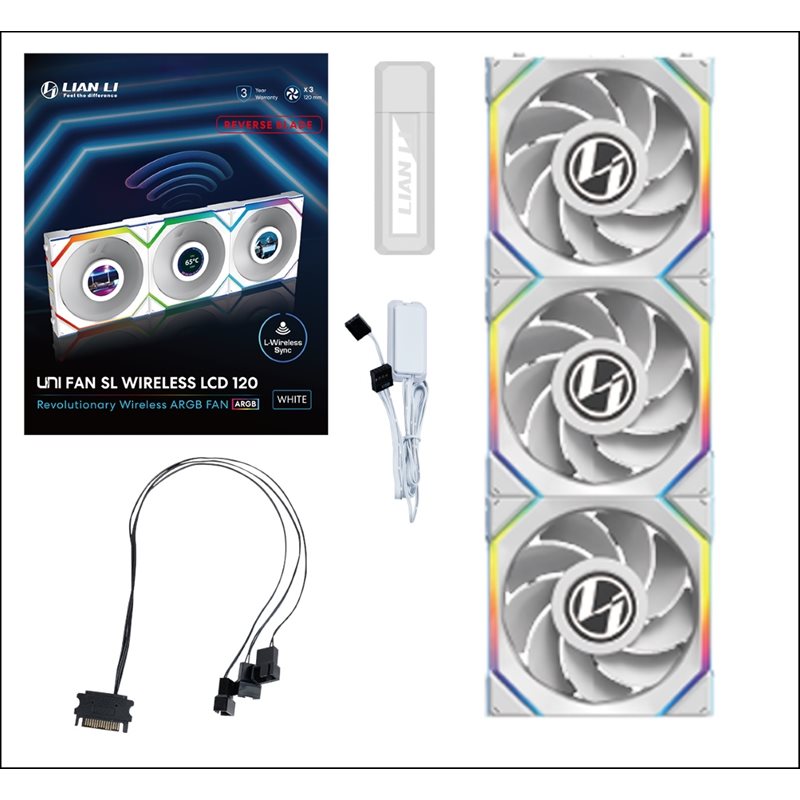 Lian Li (Outlet) UNI FAN SL Wireless LCD Reverse Blade - Triple Pack, 120mm ARGB PWM -laitetuuletinsarja