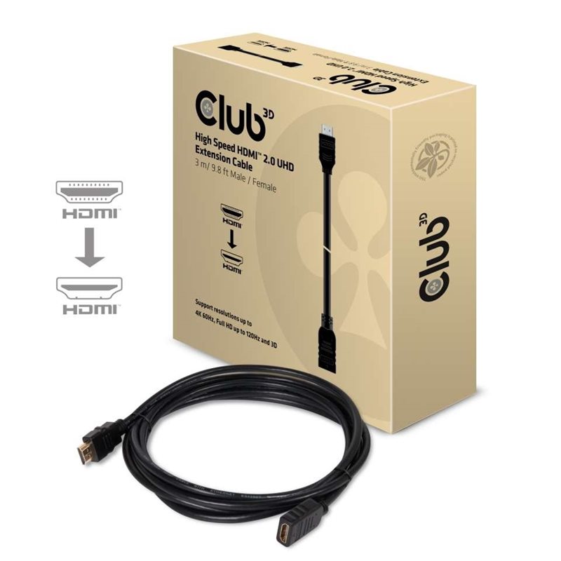 Club 3D 2.0 HDMI -näyttöjatkokaapeli, 3m, musta