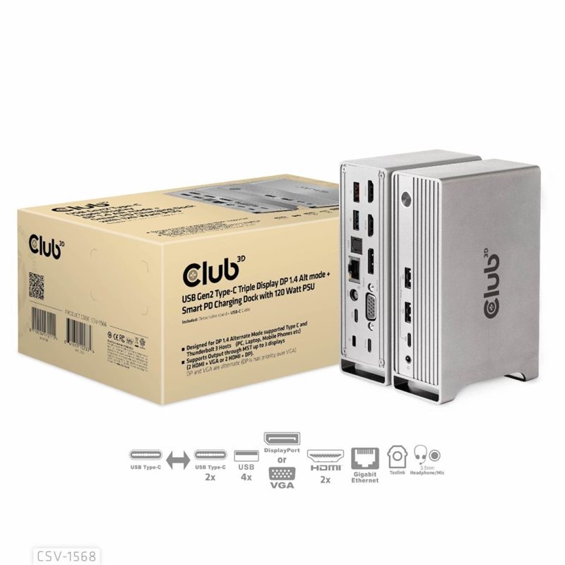 Club 3D USB Gen2 Type-C Triple Display DP 1.4 Alt mode Smart PD -lataustelakka, 120W, harmaa