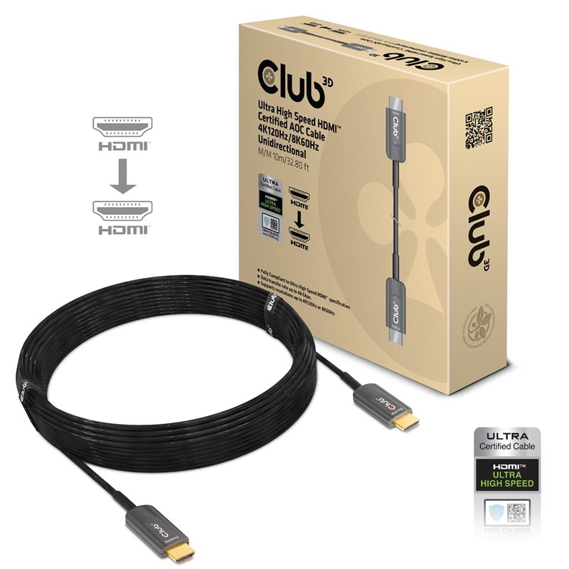 Club 3D 2.1 HDMI -näyttökaapeli, AOC, 10m, musta