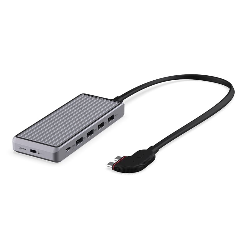 Unisynk 10-porttinen USB-C hubi Macbook, 2x HDMI 4K60, GLAN, 4x USB-A, 2x USB-C, USB-C PD 100W, harmaa