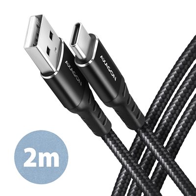 AXAGON 2.0 USB-A - USB-C -kaapeli, 3A, punottu, 2m, musta