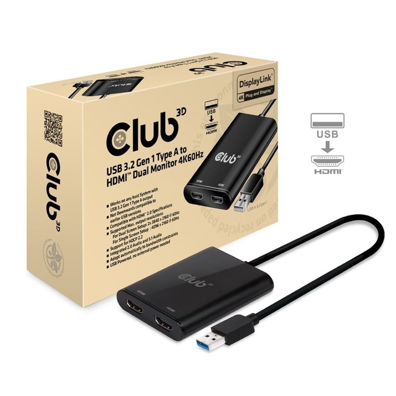 Club 3D 3.1 Gen1 USB-A ->  2x 2.0 HDMI -adapteri, musta