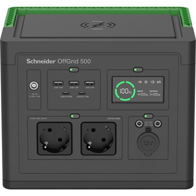 APC OffGrid 517 Wh, kannettava sähköasema, 2x Schuko, 3x USB-A 12W, USB-C PD 60+18W, musta/vihreä