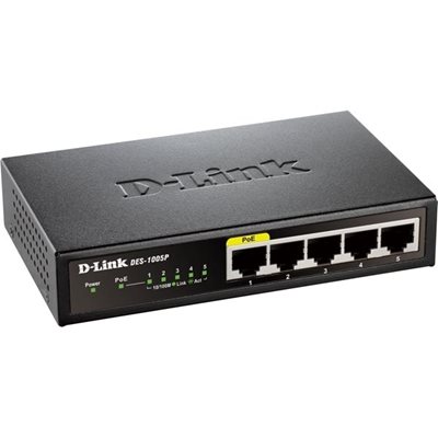 D-Link Kytkin 5x10/100Mbps RJ45, 1xPoE, pöytämalli, musta