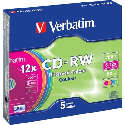 Verbatim CD-RW,12x,700 MB/80 min,5-pakkaus slim case,SERL, eri värit