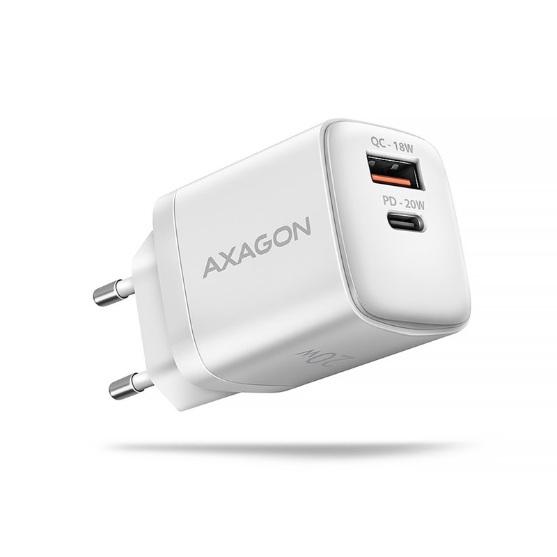 AXAGON 20W verkkovirtalaturi, USB-C + USB-A, PD3.0/QC4+, valkoinen
