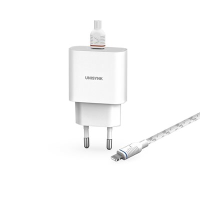 Unisynk 20W USB-C -verkkovirtalaturi ja 2m USB-C-Lightning-kaapeli, valkoinen