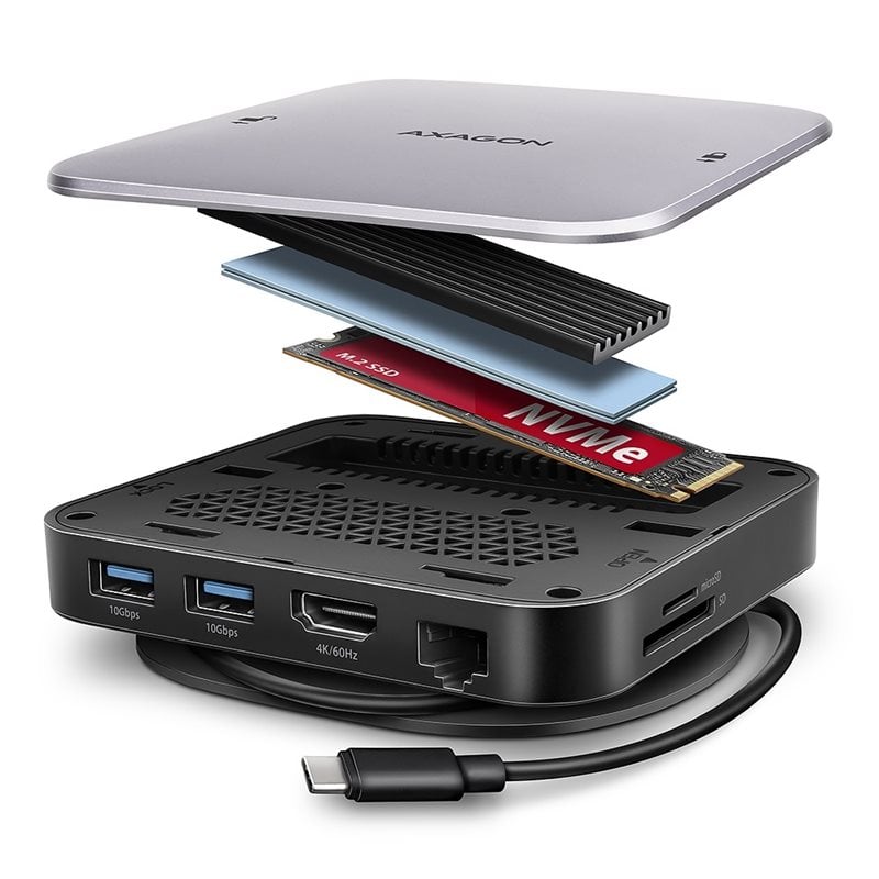 AXAGON 3.2 Gen2 USB-C 10-in-1 -telakka, harmaa