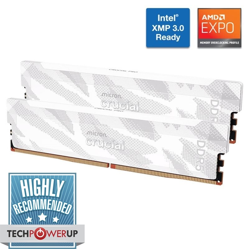 Crucial 32GB (2 x 16GB) Pro - OC Gaming Memory, DDR5 6400MHz, CL32, 1.35V, valkoinen