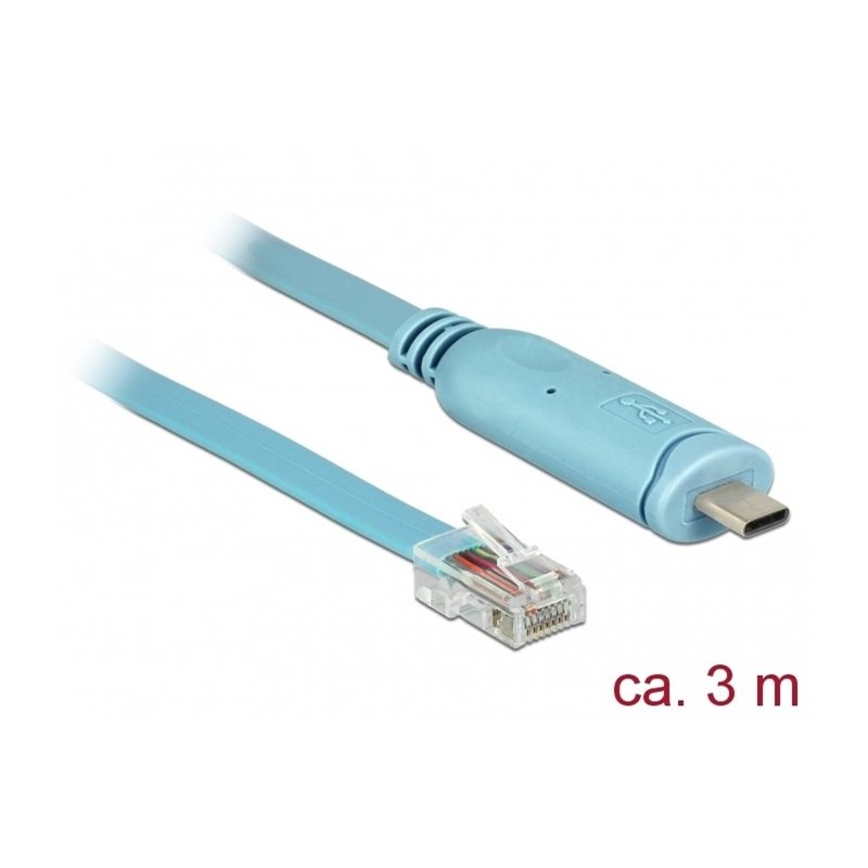 DeLock USB 2.0 Type-C uros -> 1 x Serial RS-232 RJ45 uros -adapterikaapeli, 3m, sininen