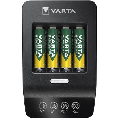 Varta LCD Ultra Fast Charger+ -akkulaturi + 4x AA/LR06 2100mAh akkuparistot, musta