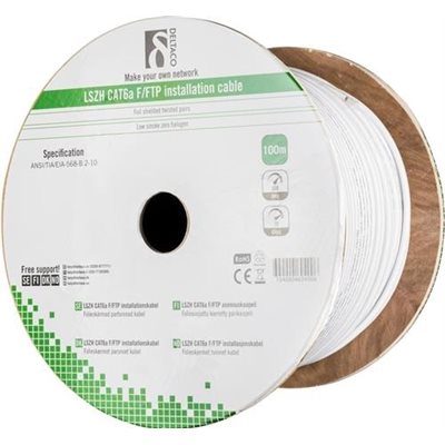 Deltaco F/FTP Cat6a suojattu asennuskaapeli, LSZH, 100m kela, valkoinen
