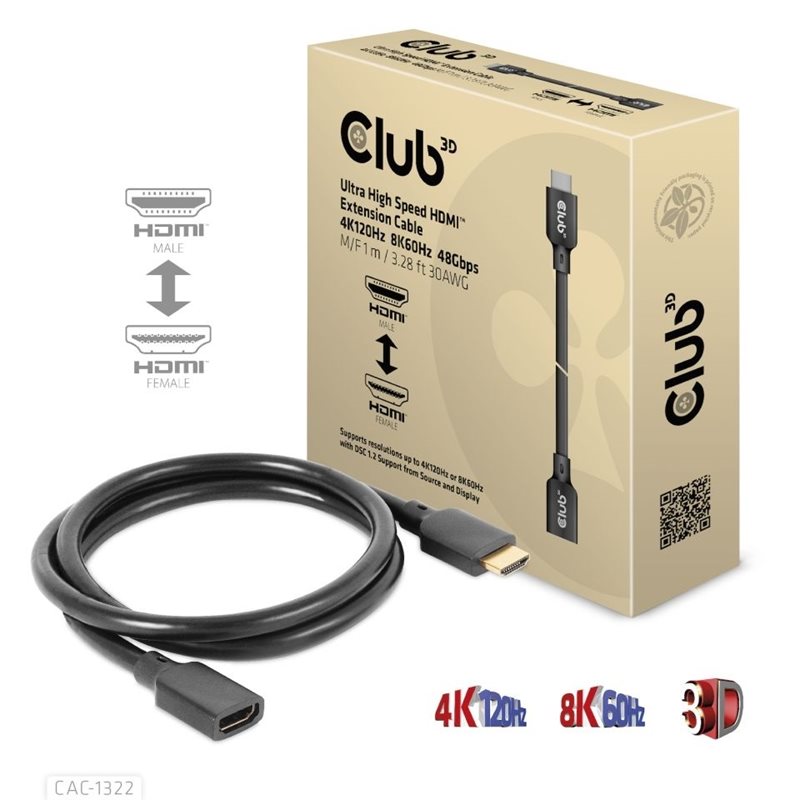 Club 3D 2.1 HDMI -näyttöjatkokaapeli, uros-naaras, 1m, musta