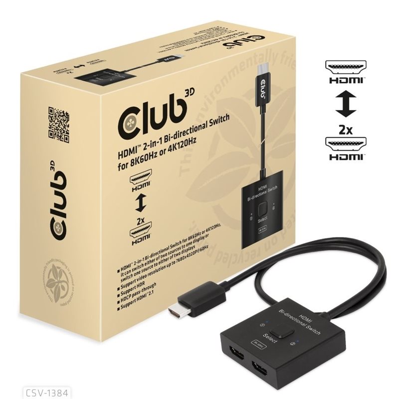 Club 3D HDMI-kytkin 2-in-1 kaksisuuntainen kytkin, 8K60/4K120, musta