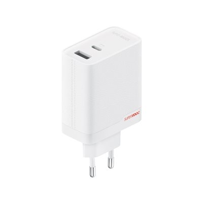 OnePlus 120W SUPERVOOC GaN-verkkovirtalaturi, USB-C + USB-A, valkoinen