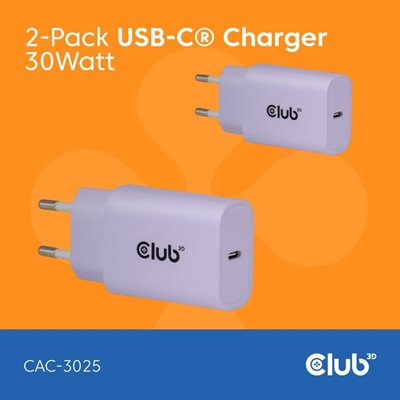 Club 3D 30W GaN-verkkovirtalaturi, USB-C PD3.0, violetti, 2 kpl