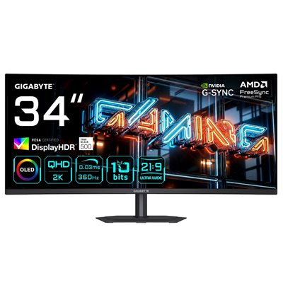 Gigabyte 34" MO34WQC36, kaareva 360Hz WQHD OLED-pelimonitori, musta
