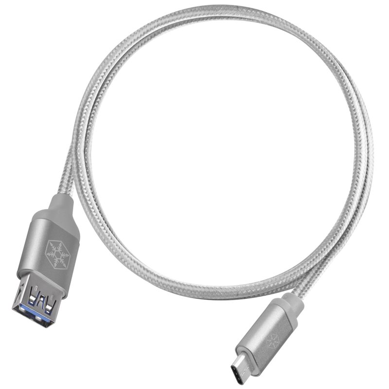 SilverStone 3.1 Gen1 USB-C - USB-A -jatkokaapeli, uros-naaras, punottu, 0,5m, hopea