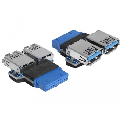 DeLock 3.2 Gen1 USB IDC20 naaras -> 2x 3.2 Gen1 USB-A naaras sisäinen sovitin, sininen/musta