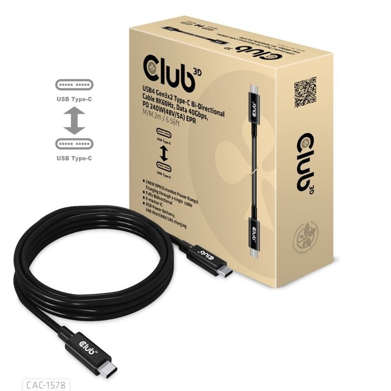 Club 3D USB4-C Gen3x2 -kaapeli, 40Gbps, PD3.1 5A 240W, 2m, musta