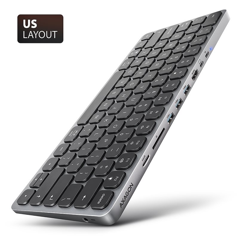 AXAGON Näppäimistö 8-in-1 telakalla, 3.2 Gen1 USB-C, US-layout, harmaa