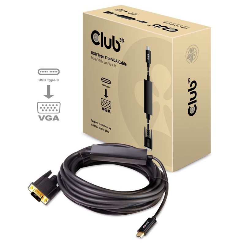 Club 3D USB-C - VGA -aktiivikaapeli, uros-uros, 5m, musta