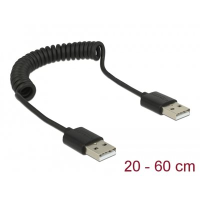 DeLock 2.0 USB-A -kierrekaapeli, 3A, 0,2-0,6m, musta