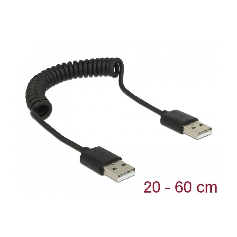 DeLock 2.0 USB-A -kierrekaapeli, 3A, 0,2-0,6m, musta
