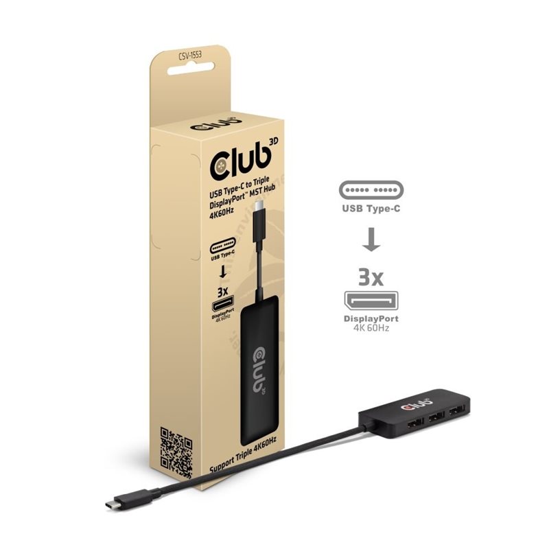 Club 3D USB-C -> 3x DisplayPort MST -jakaja, musta