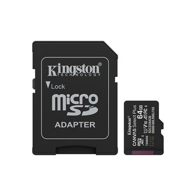 Kingston 64GB Canvas Select Plus, microSDXC -muistikortti, UHS-I V10 U1 A1, 100 MB/s, SD-adapterilla
