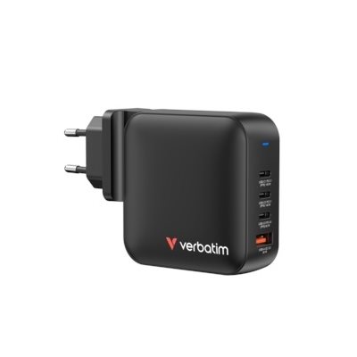 Verbatim 165W GaN-verkkovirtalaturi, 3x USB-C PD3.1/3.0 140+100+65W, 1x USB-A QC3 30W, musta